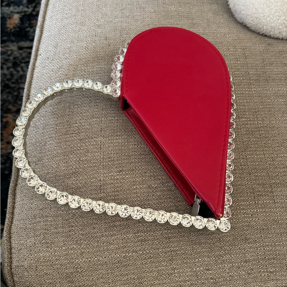 Red Heart-Shaped Clutch with Rhinestone Handle